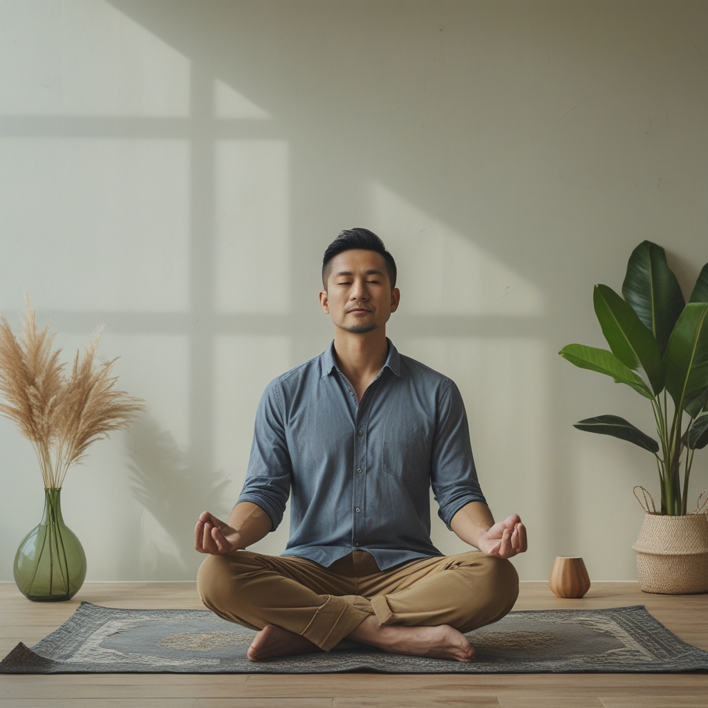 Pria dewasa berpakaian kasual duduk bersila di atas tikar biru di ruang terbuka dengan latar belakang pemandangan pegunungan hijau, dalam posisi meditasi tenang