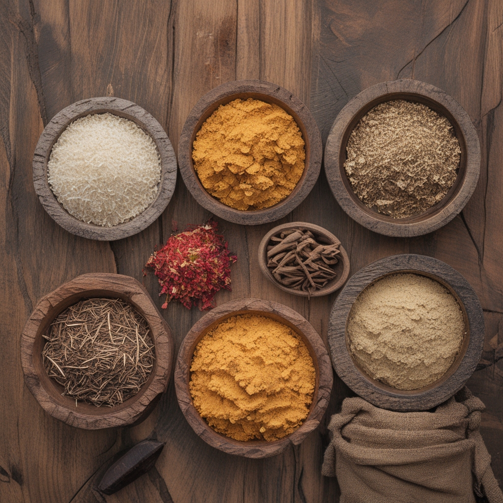 Berbagai bahan alami segar termasuk akar jahe, kunyit, kayu manis, dan rempah-rempah diletakkan di atas permukaan kayu cokelat dengan pencahayaan hangat